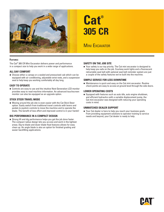Cat 305 CR Mini Excavator brochure cover