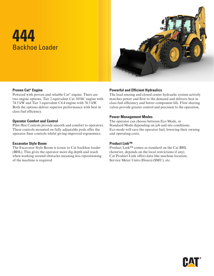 Cat 444 Backhoe Loader brochure cover
